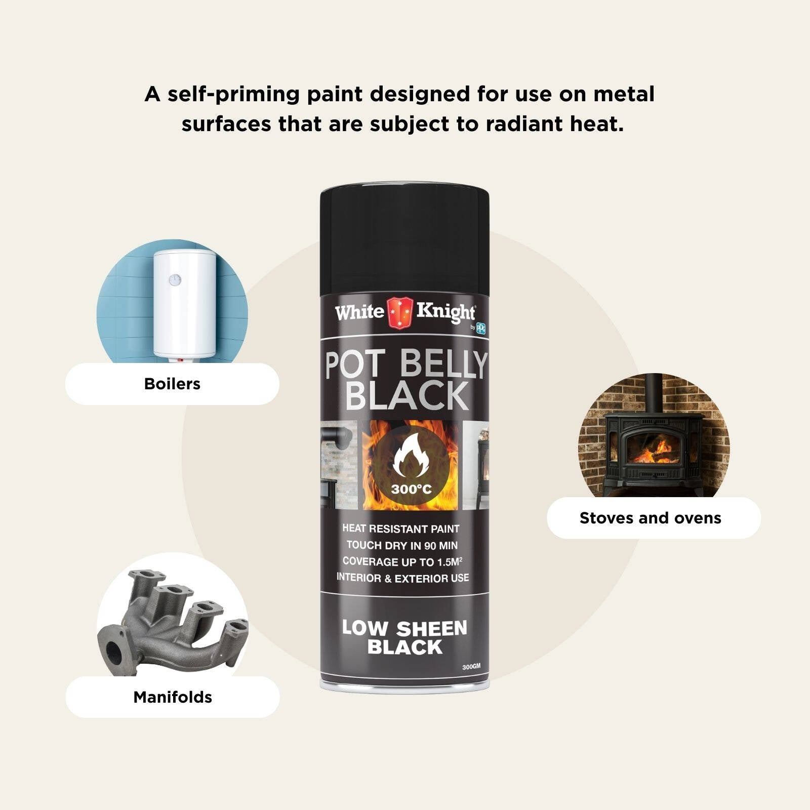 White Knight Hi Temp Heat Resistant Spray Paint 300g - Pot Belly Black Low Sheen for Stoves & Flues