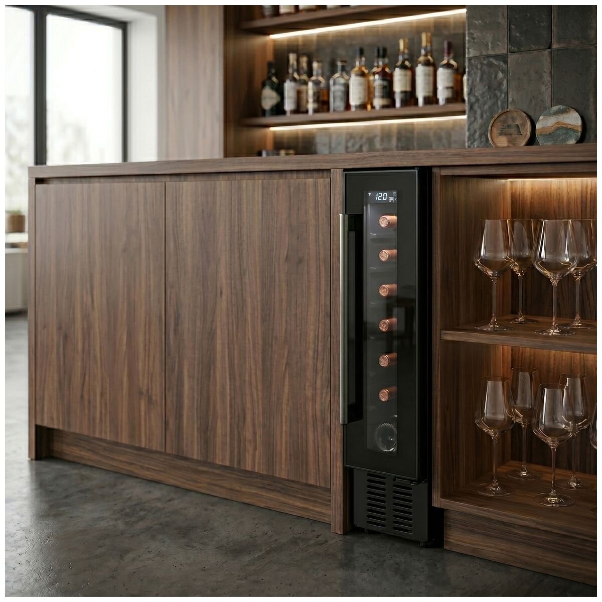 Cantina 7 Bottle Single Zone Wine Cabinet - Black, Slim Double-Glazed Glass Door, 20L - CCWIS7B