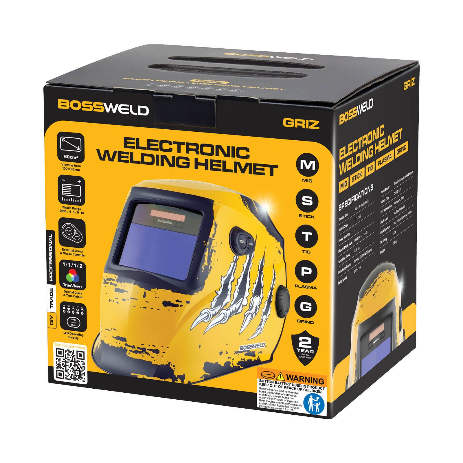 Bossweld VX-3 Griz Auto Darkening Welding Helmet, Variable Shade 4-8/9-13, 100 x 60mm Lens