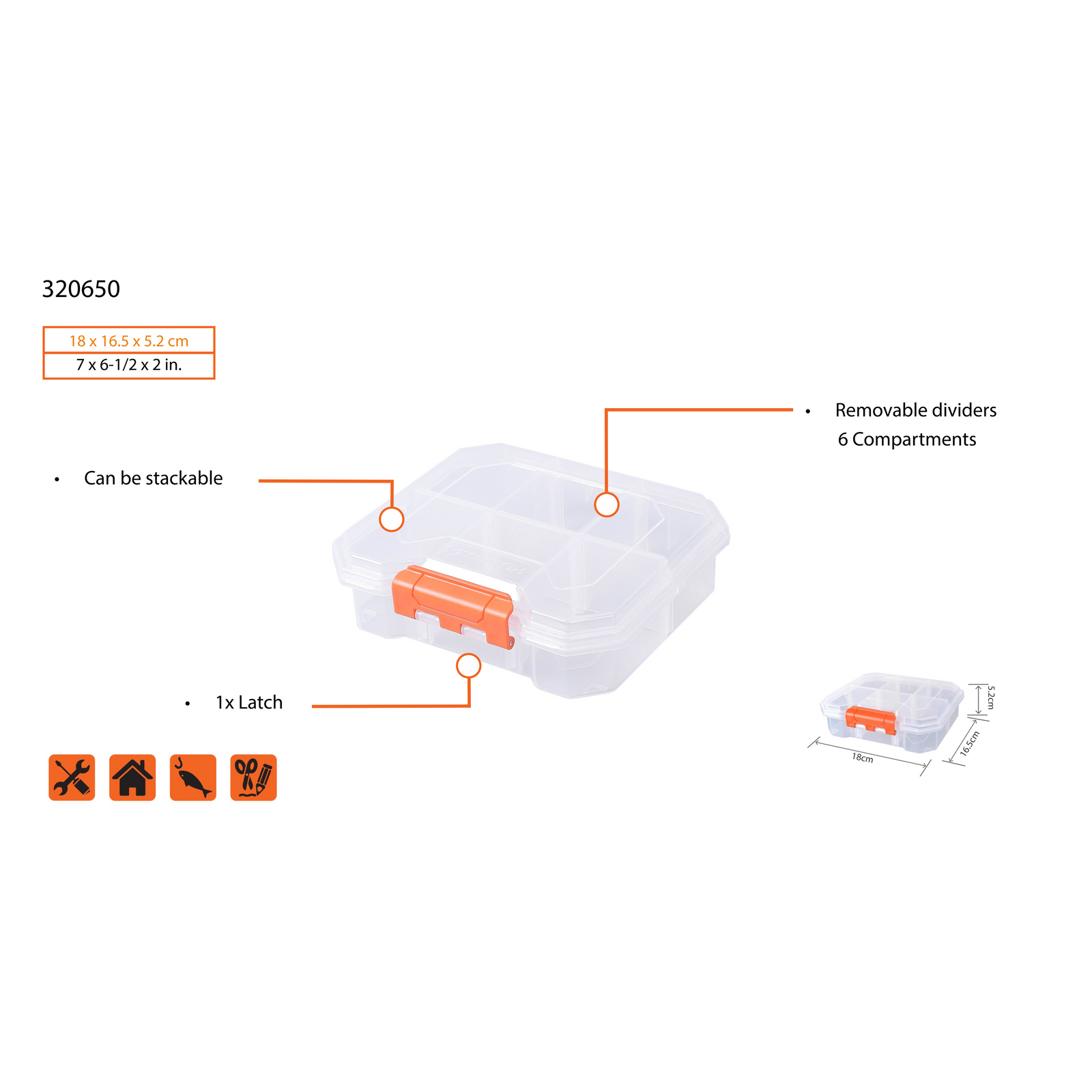 Tactix 6 Compartment Storage Box Transparent Polypropylene Removable Dividers Stackable