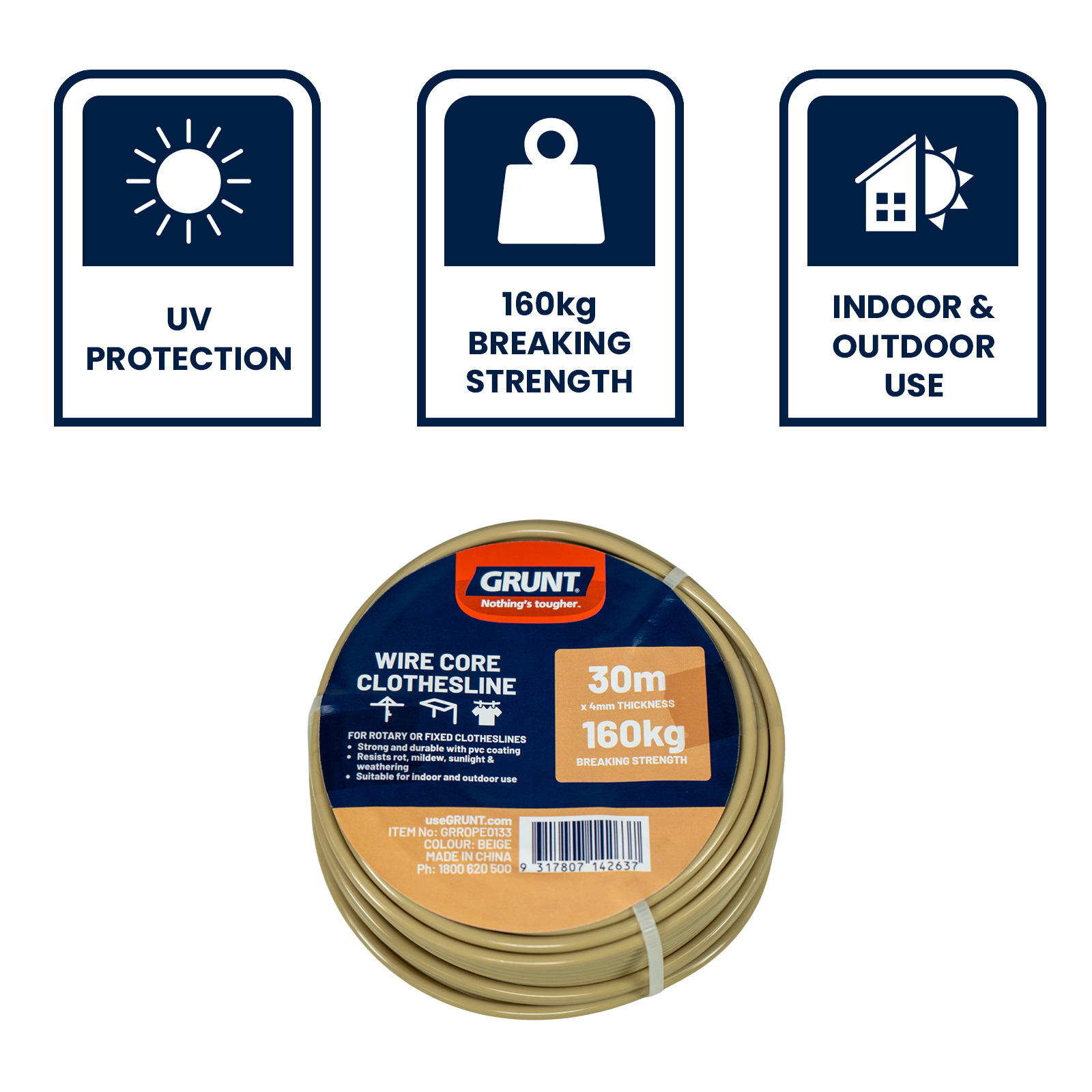 Grunt 4mm x 30m Wire Core Clothesline, Beige PVC Coated, 160kg Break Strength