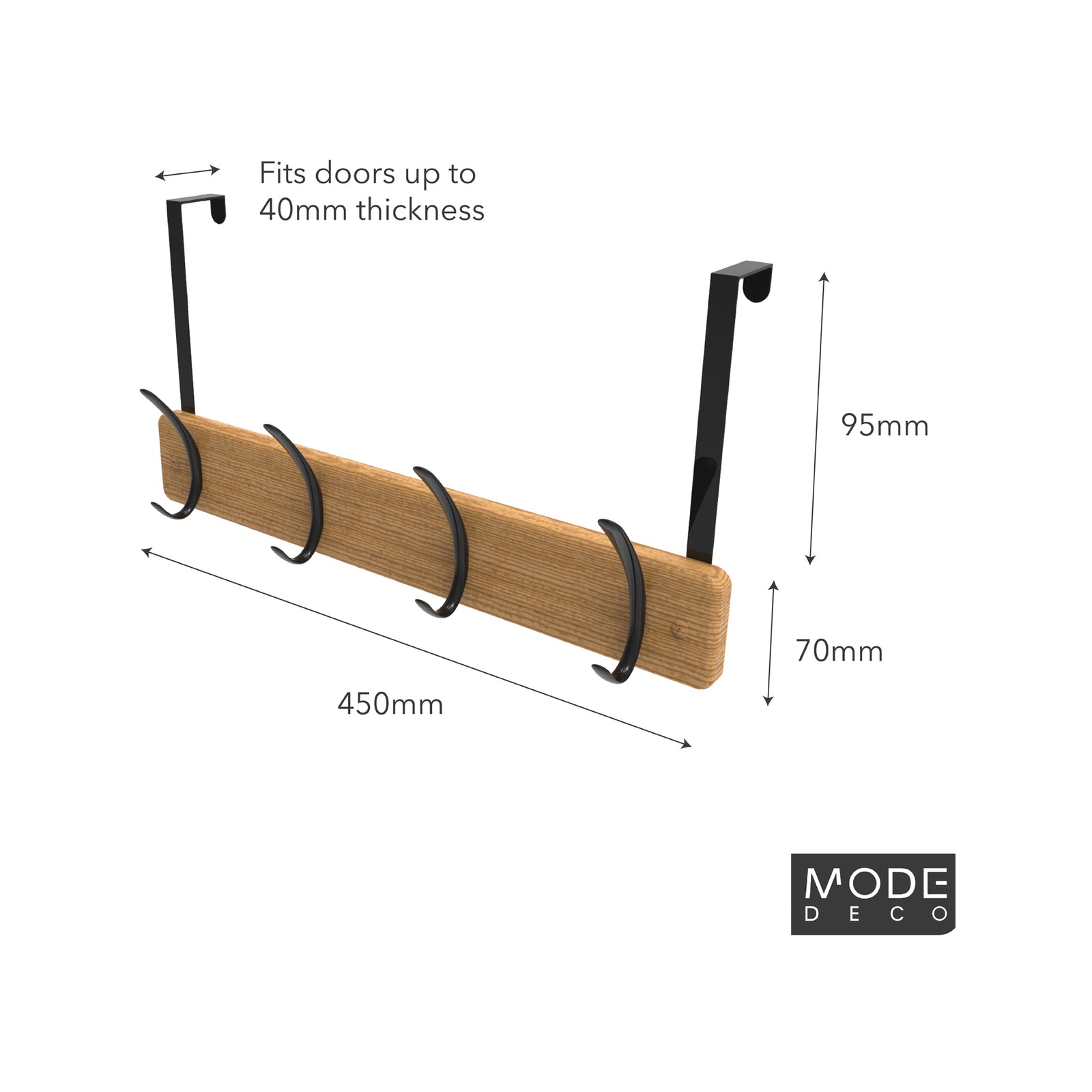 MODE 450 x 70 x 45mm Bamboo Board 4 Black Hooks Over Door Hanger