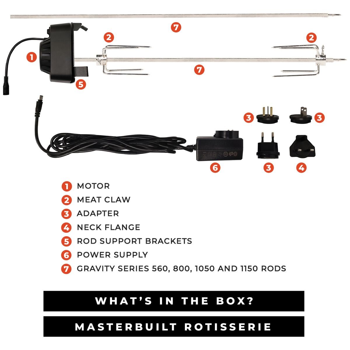 Masterbuilt Gravity Series rotisserie - two spit rods, electric motor, adjustable meat claws - MB20091220