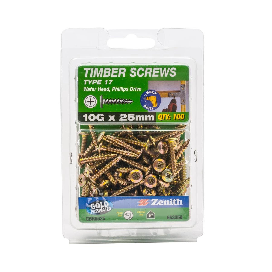 Zenith 10g x 25mm Gold Passivated Type 17 Wafer Head Timber Screws - 100 Pack - SuperSaverAU - view 1