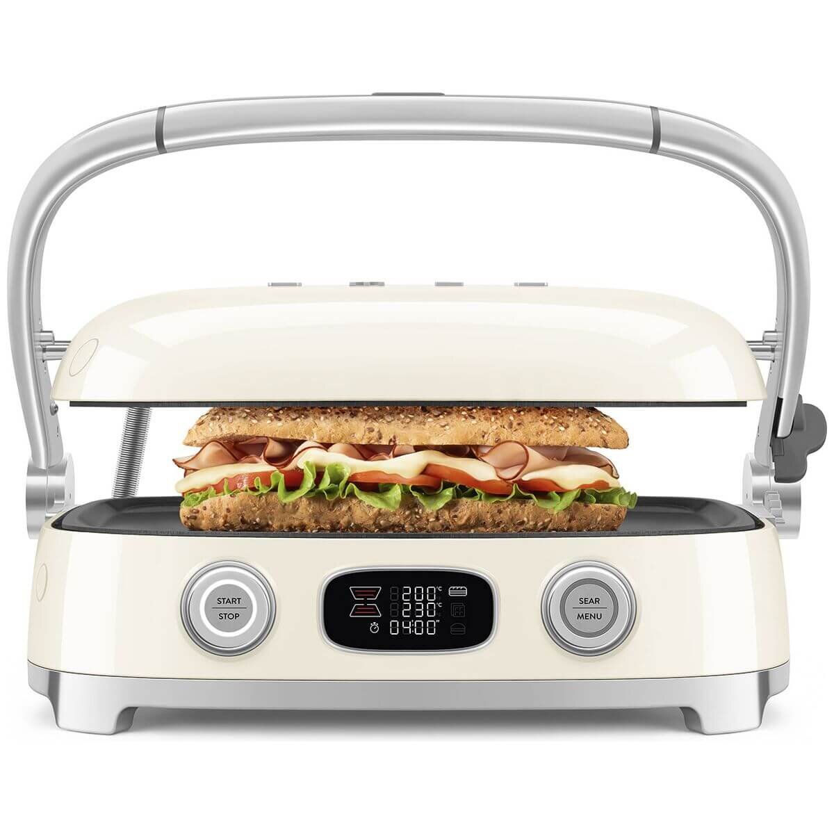 Smeg 50s Style Countertop Multifunctional Grill - Cream, 2000W, Ceramic Plates, Drip Tray - MGF01CRAU