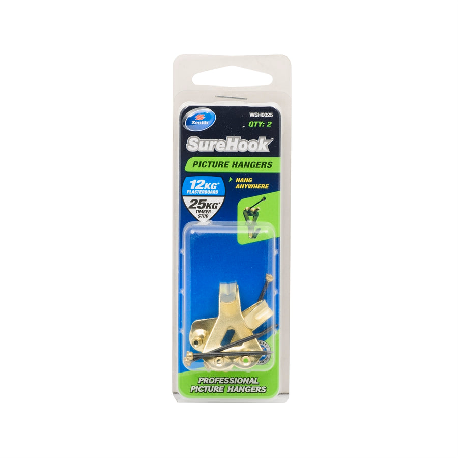 Zenith SureHook 12/25kg Brass Plated Picture Hanger 2 Pack - Plasterboard & Timber Stud
