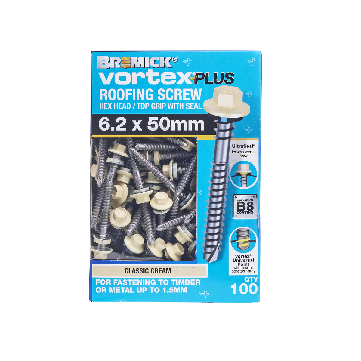Bremick Vortex Plus Roofing Screw 6.2 x 50mm - Hex B8 - Box of 100 - Watertight Seal - Durable Carbon Steel - SuperSaverAU - view 2