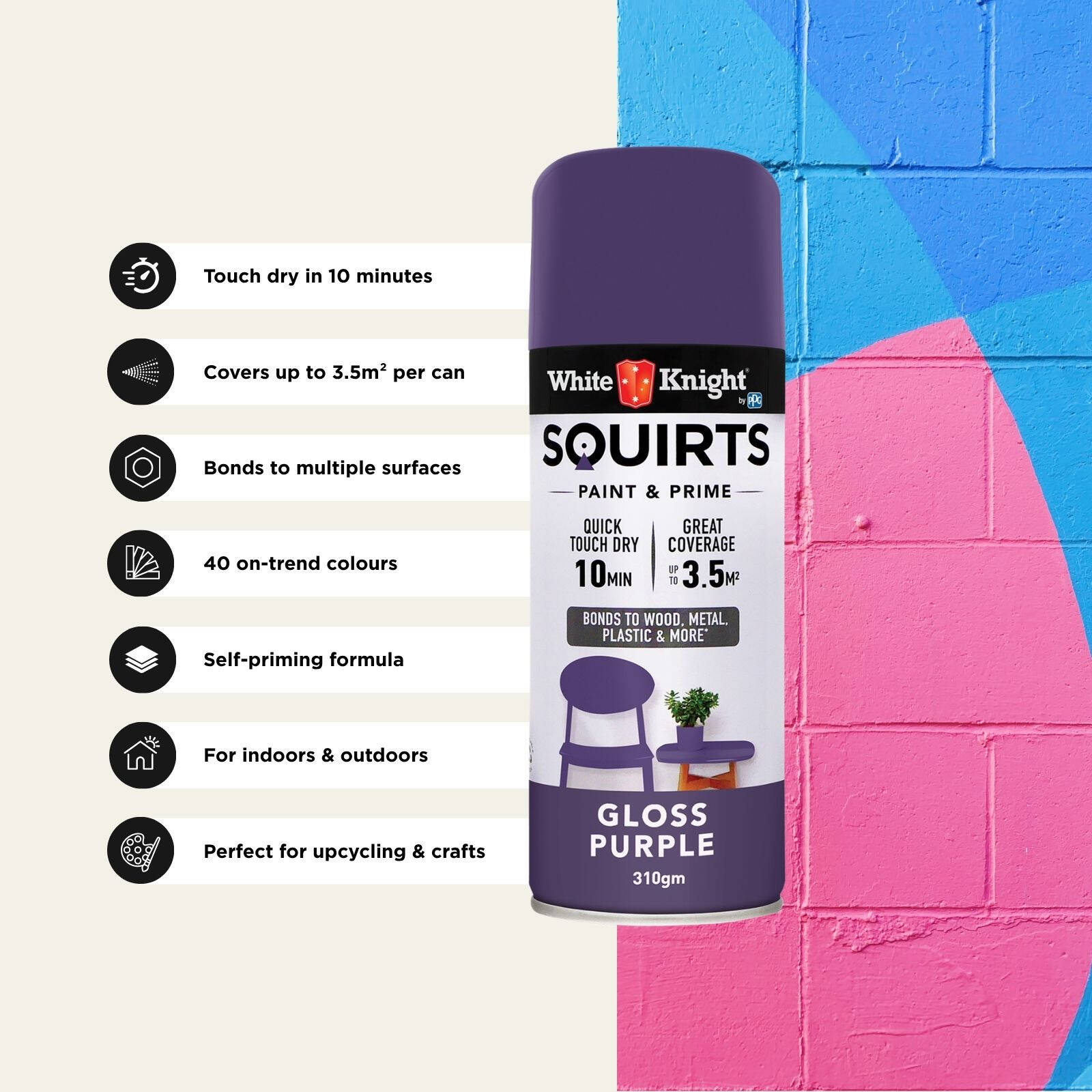 White Knight Squirts Purple Gloss Spray Paint 310g - Solvent-Based Paint & Primer, UV Resistant
