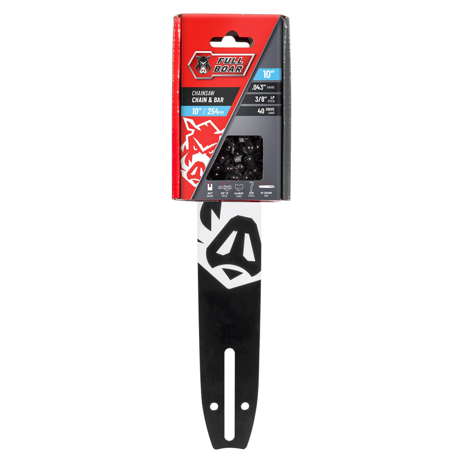 Full Boar 10" / 254mm Chainsaw Chain & Bar Set - 40 Drive Links, 9.53mm Pitch, 0.043 Gauge