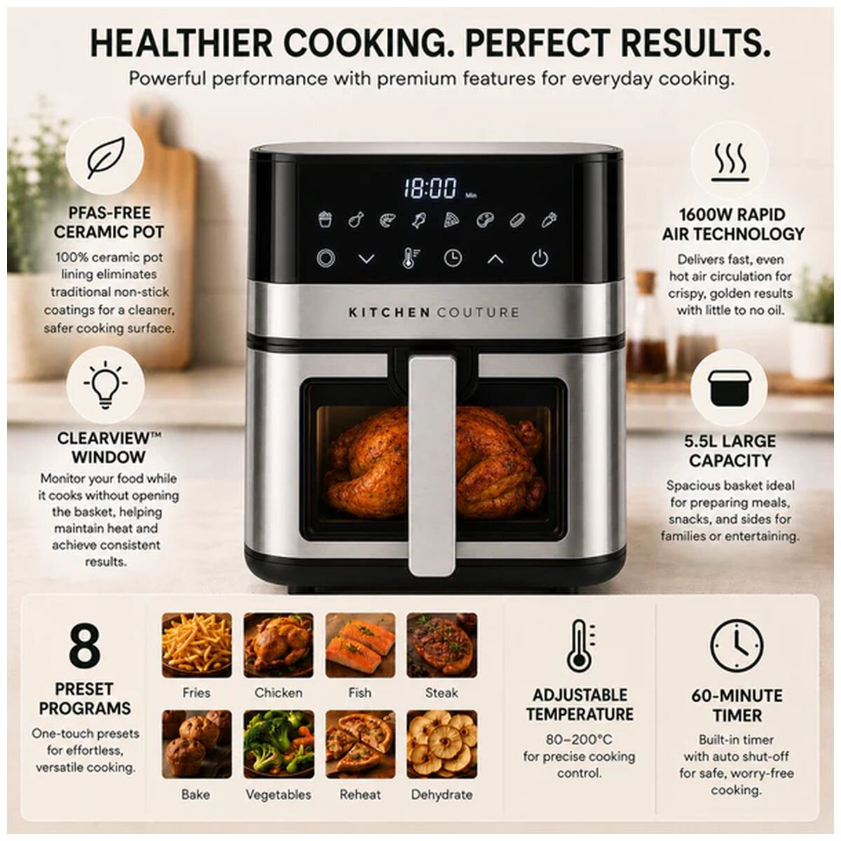 Kitchen Couture Clear View Digital Air Fryer 5.5L - Ceramic Basket, 8 Presets, 1600W - 10005843
