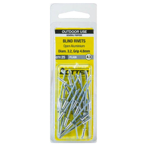 Otter Open Aluminium Blind Rivets 2 x 4 8mm 25 Pack Lightweight Durable - SuperSaverAU - view 1