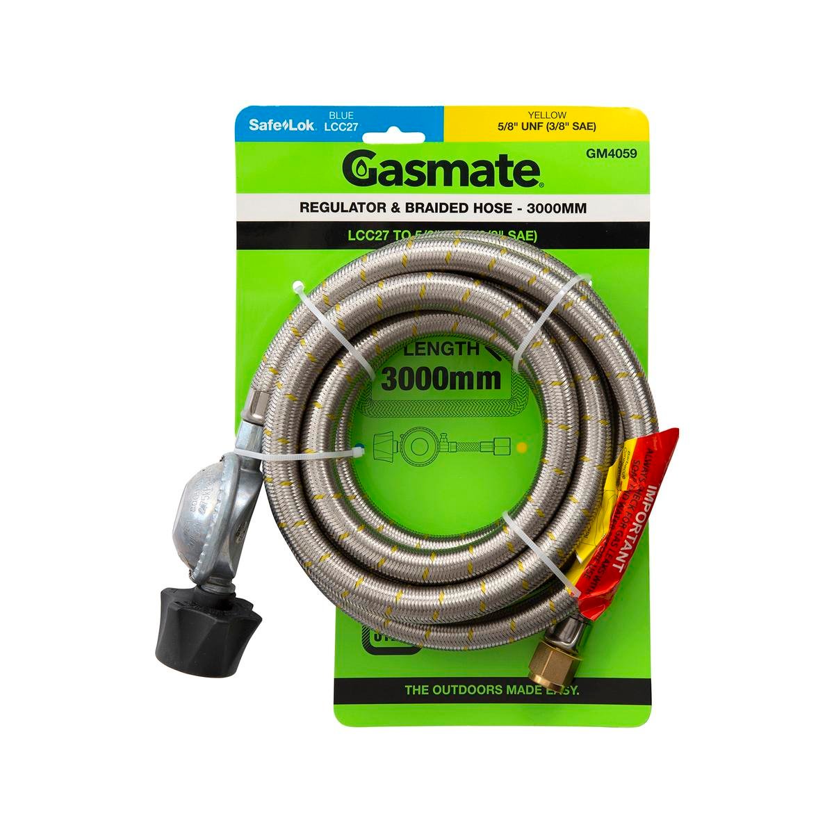 Gasmate Regulator Braided Hose 3000mm LCC27 to 5/8" UNF - Durable Connection - SuperSaverAU - view 1