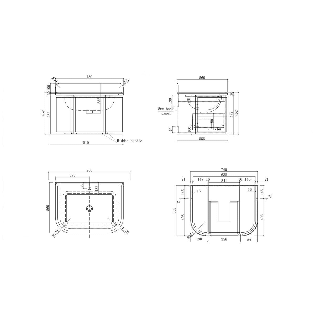 Turner Hastings Evara wall hung vanity - marble top, white, 3 tapholes - EV750-WH-3TH
