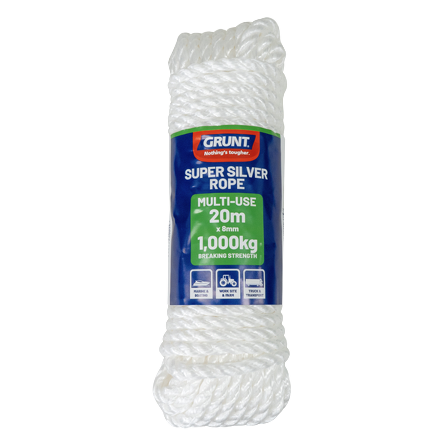 Grunt Super Silver 8mm x 20m Rope, White Twisted Polypropylene, Floats, 1000kg Break Strength