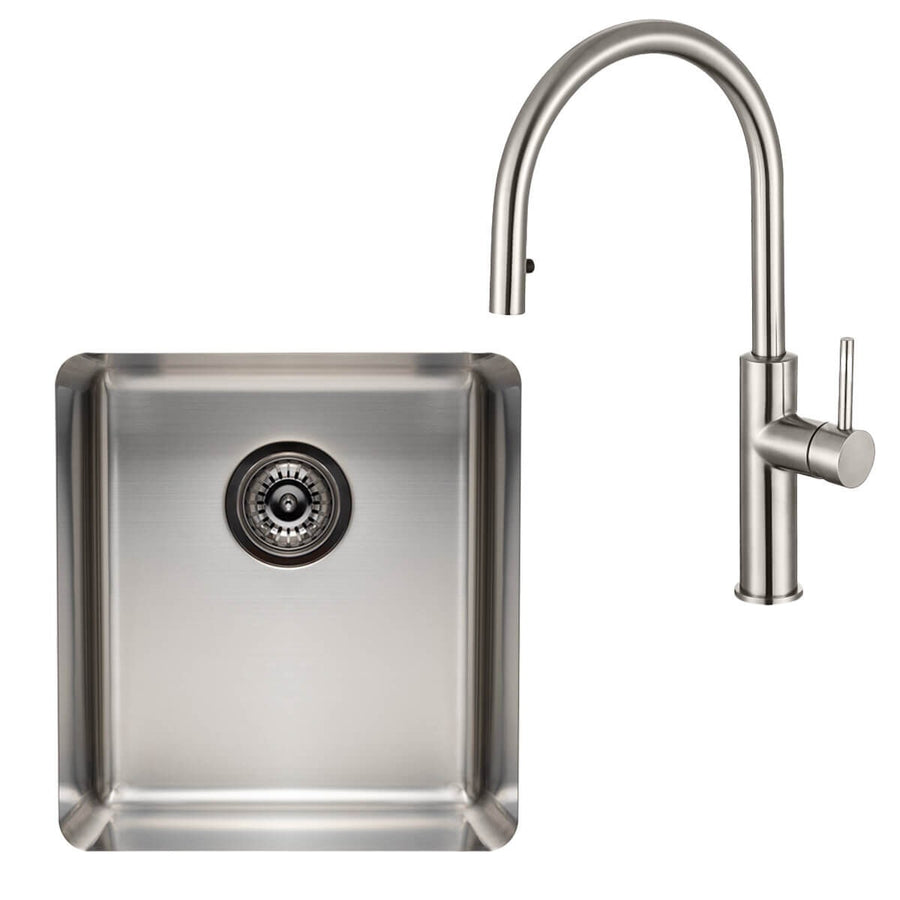 Titan Essentials 405mm Single Bowl Sink and Pull Out Gooseneck Mixer Tap Package - Stainless Steel - TSSSPK402