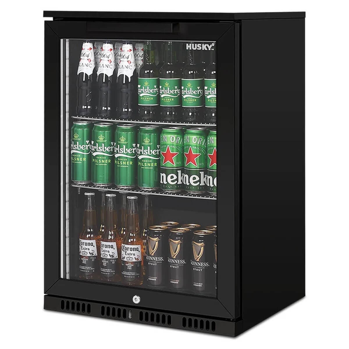 Husky 118L outdoor beverage fridge - black, lockable, anti-condensation glass door - ALFC1BLK840ELB