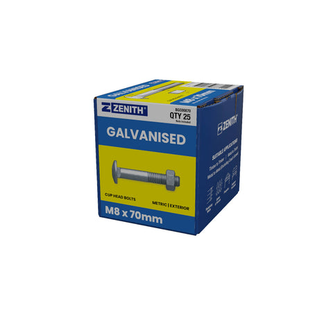 ZENITH M8 x 70mm Hot Dip Galvanised Cup Head Bolts & Nuts - 25 Pack, 4.6 Grade Steel