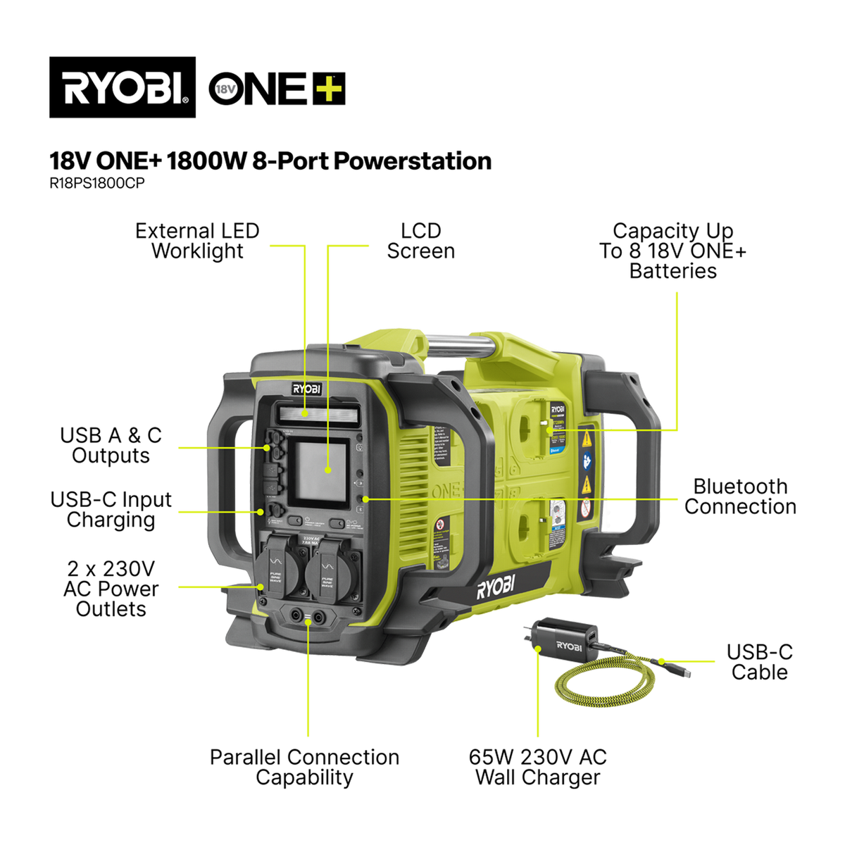 Ryobi 18V ONE+ Powerstation 1800W - Portable Power Source - 300mm x 340mm x 480mm - SuperSaverAU - view 2