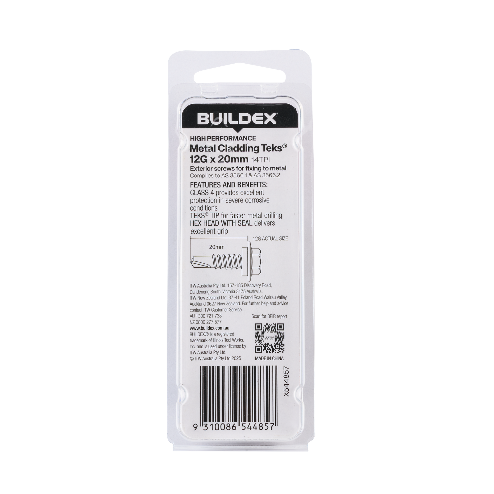 Buildex 12G x 20mm Class 4 Metal Cladding TEKS Screws with Seal, Hex Head - 20 Pack