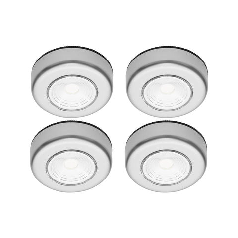 Click Silver LED Puck Lights 4 Pack, Cordless Push-On, Indoor, Self-Adhesive