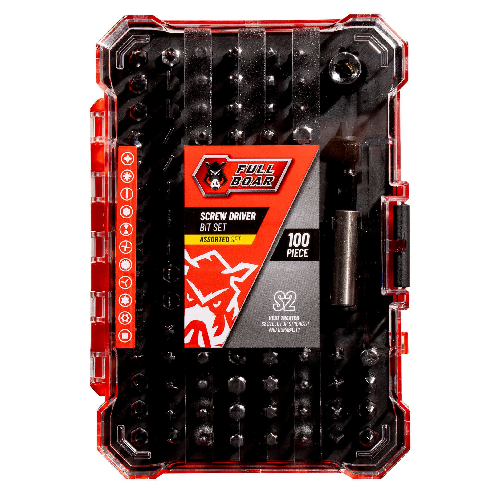 Full Boar 100 Piece Assorted Screwdriver Bit Set, S2 Steel with Case
