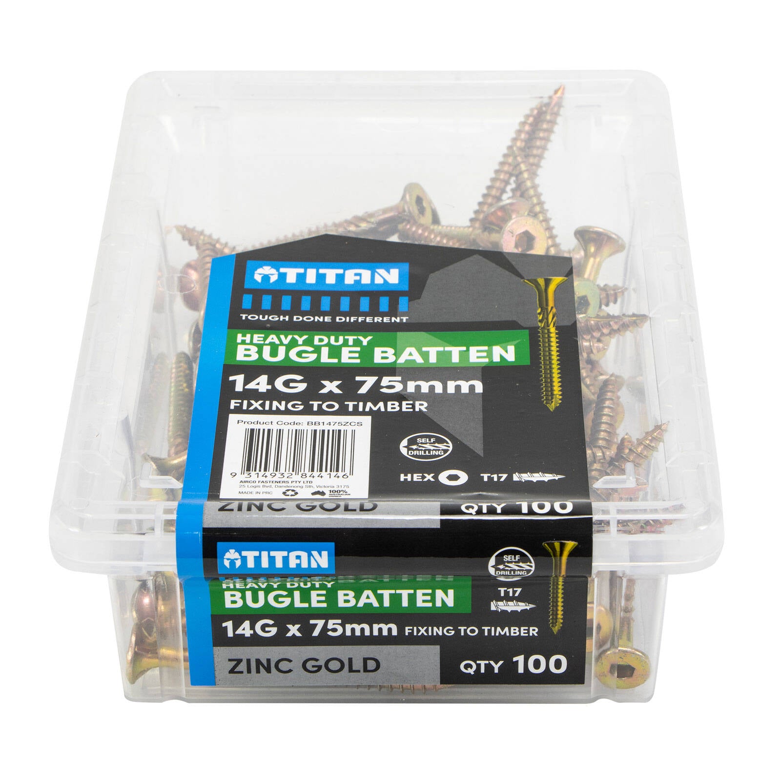 Titan 14g x 75mm Zinc Gold Bugle Head Timber Batten Screw - 100 Pack