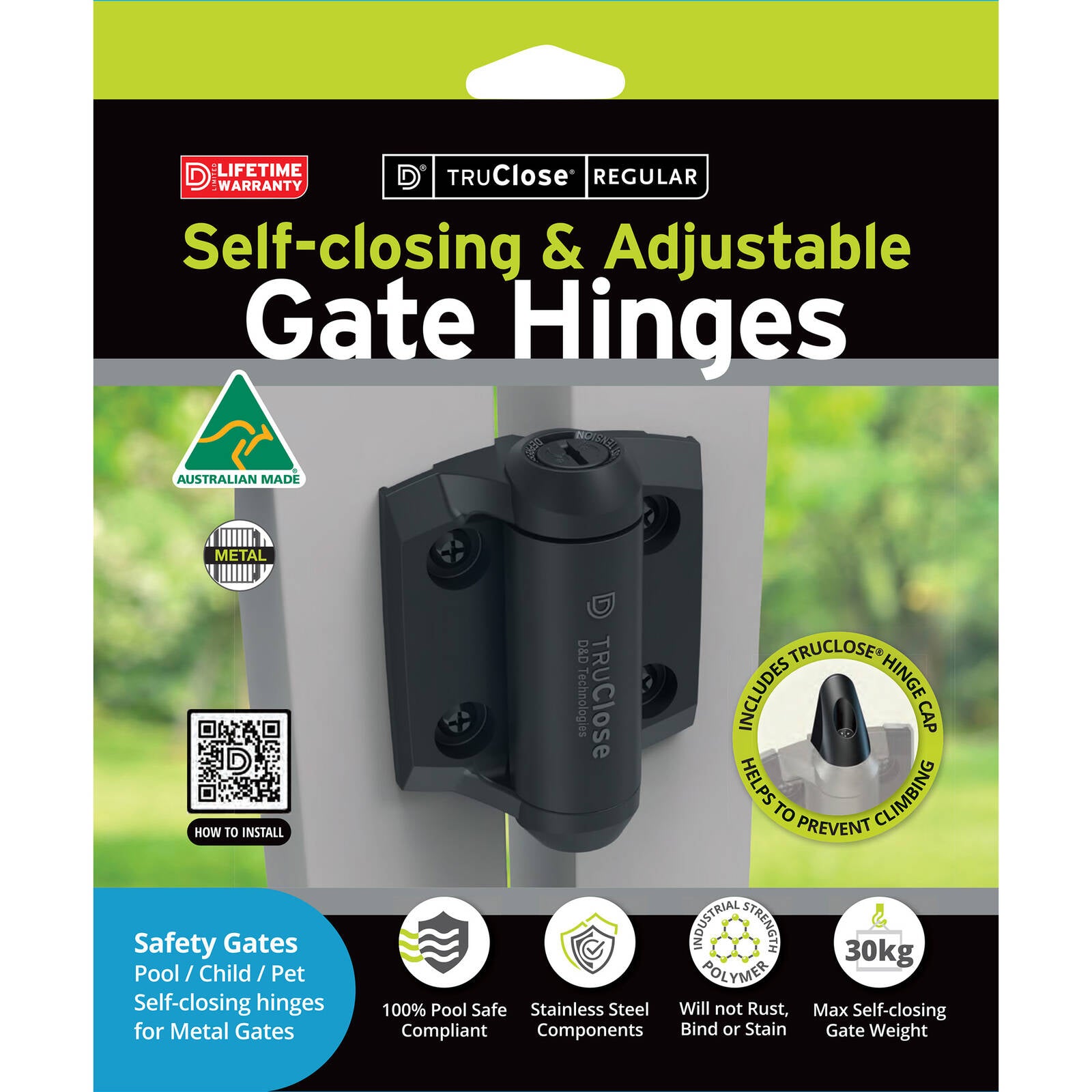 D&D Technologies TruClose Adjustable Self-Closing Pool Gate Hinges Black