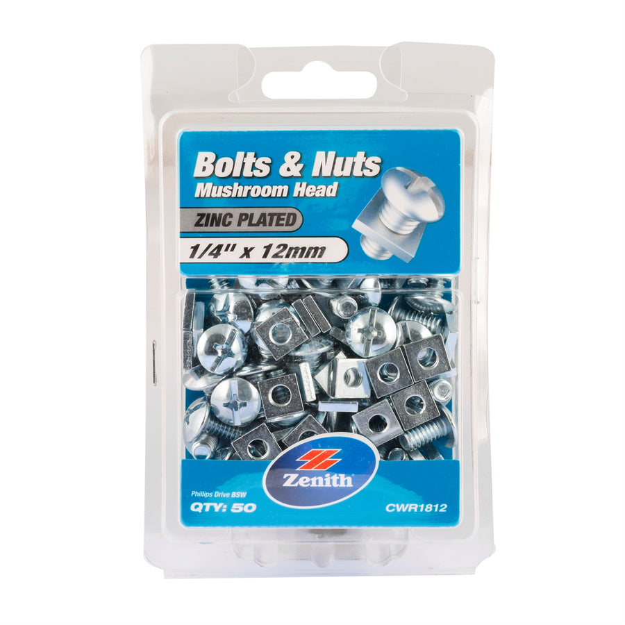 Zenith 1/4" x 12mm Zinc Plated Mushroom Head Bolts and Nuts - 50 Pack