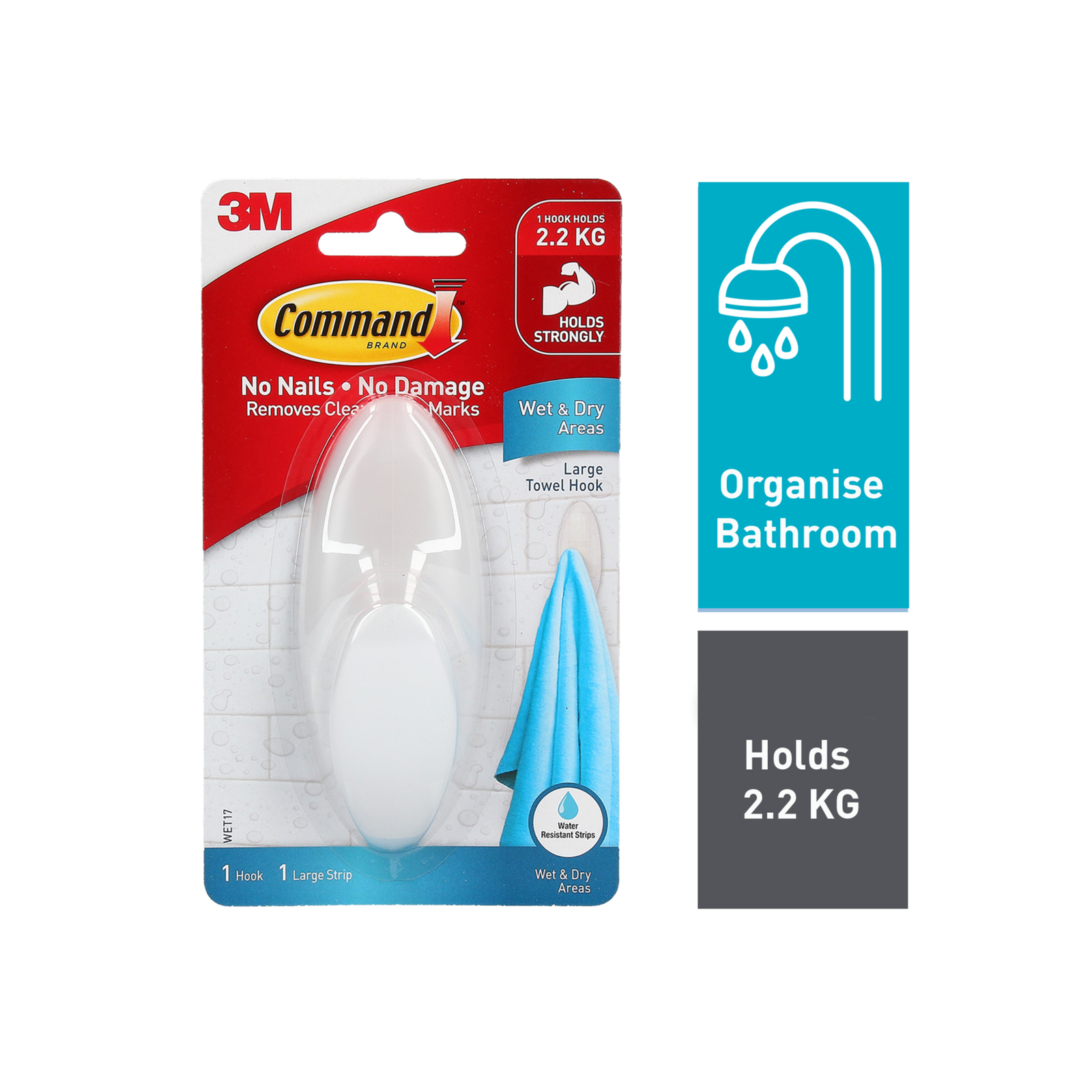 Command Large White Adhesive Wet Area Towel Hook Damage-Free