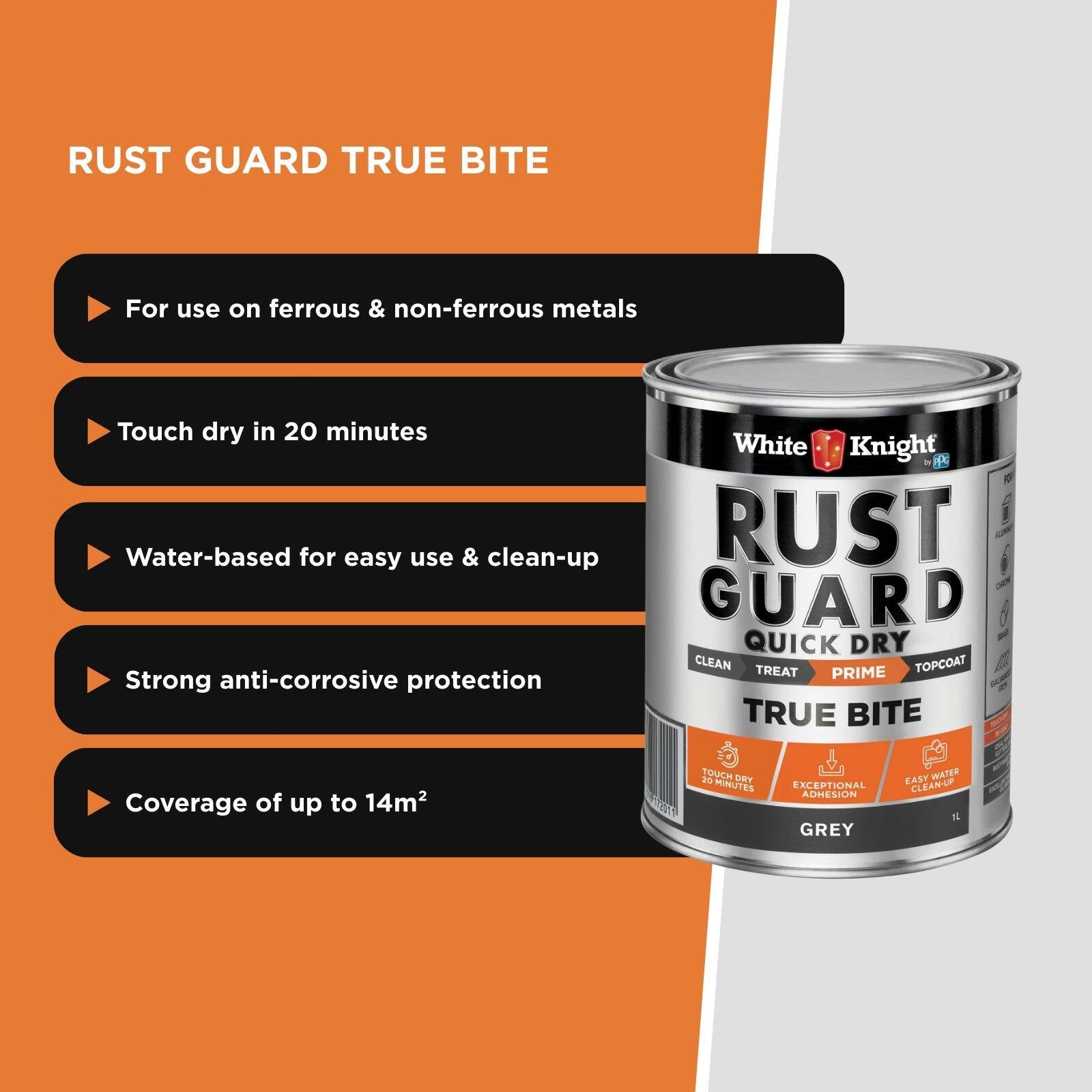 White Knight Rust Guard 1L Grey Quick Dry True Bite Water-Based Primer Paint for Metal