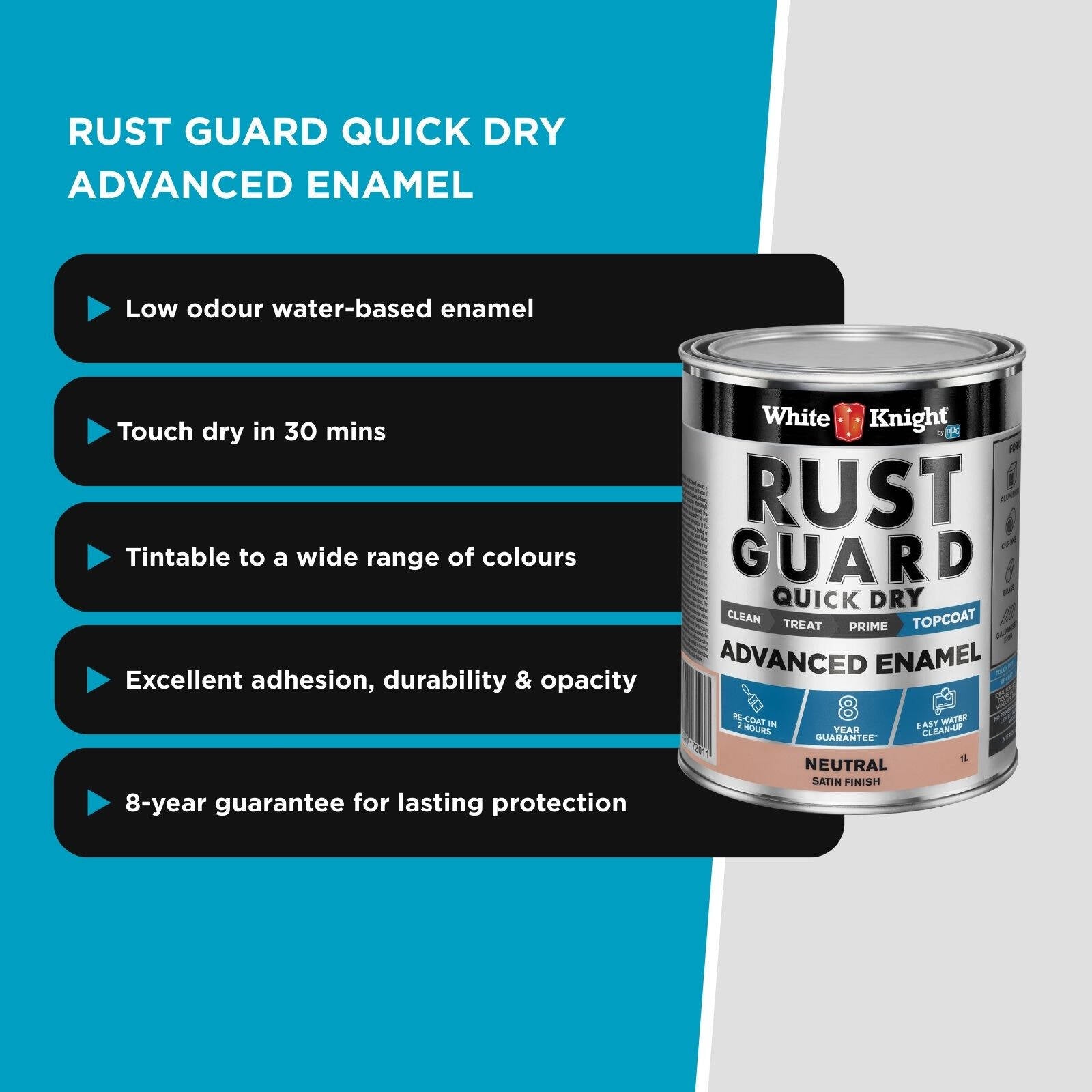 White Knight Rust Guard 1L Neutral Satin Quick Dry Advanced Enamel Paint