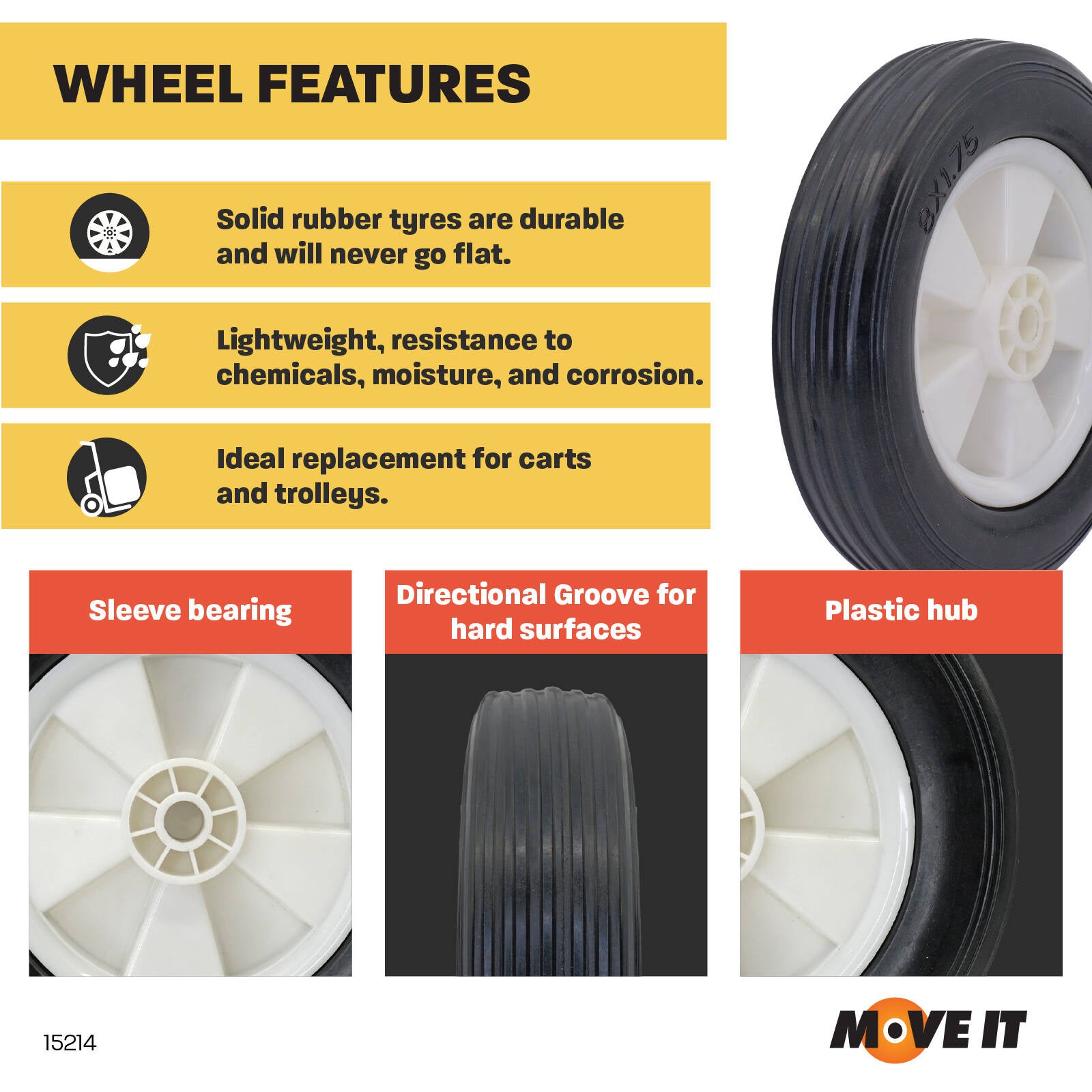 Move It 200mm Black Rubber Tyre With White Plastic Centre 70kg