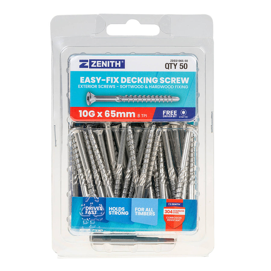 Zenith Easy-Fix Decking Screw T20 10G x 65mm SS304 Stainless, 50 Pack