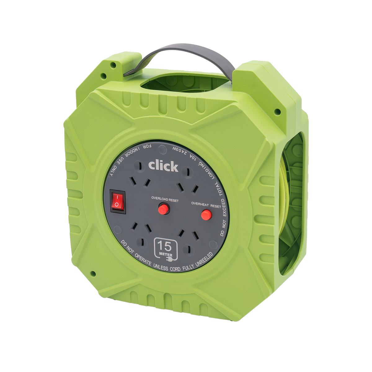 Click 15m Domestic 4 Outlet Cable Reel - Green and Grey - Safety Features - SuperSaverAU - view 1
