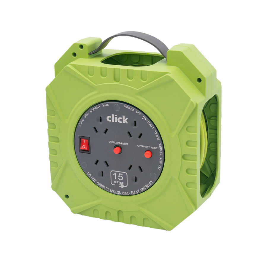 Click 15m Domestic 4 Outlet Cable Reel - Green and Grey - Safety Features - SuperSaverAU - view 1