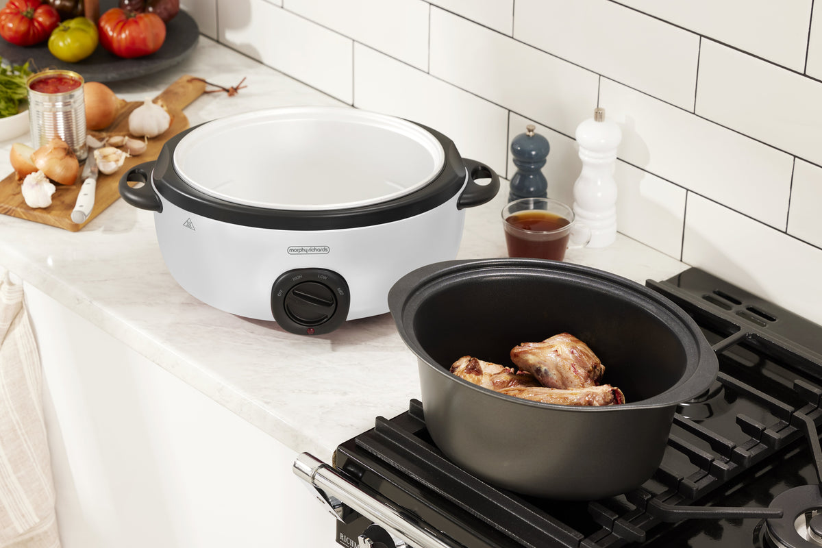 Morphy Richards 6.5L Slow Cooker - Sear and Stew Pot, Toughened Glass Lid, Low to High Heat, White - MRSC65WT