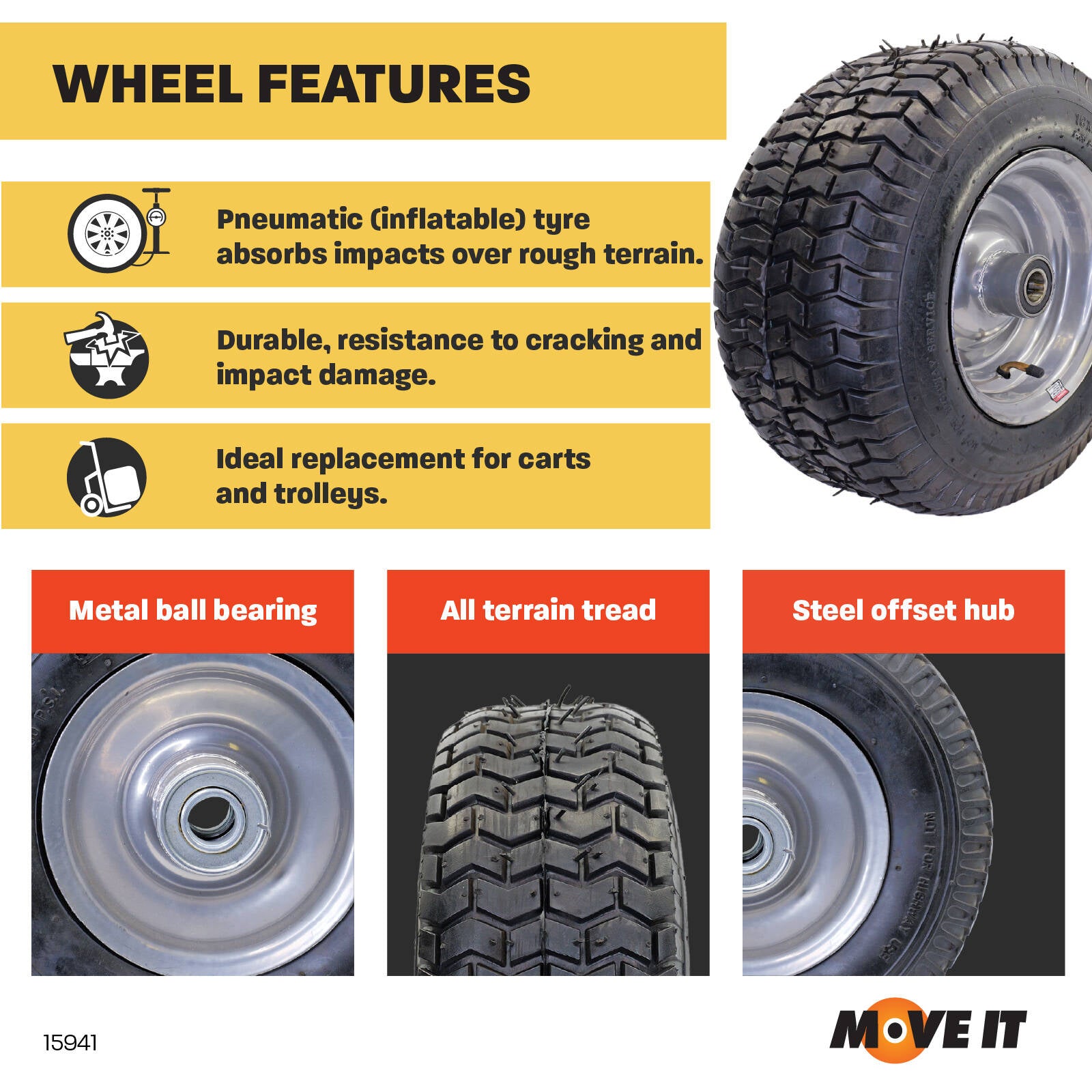 Move It 650 x 8" Pneumatic Wheel, 1" Bearing, Steel Hub, 100kg
