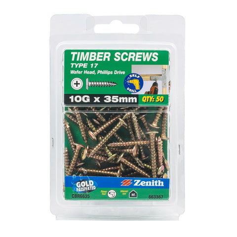 Zenith 10g x 35mm Gold Passivated Type 17 Wafer Head Timber Screws - 50 Pack - SuperSaverAU - view 1