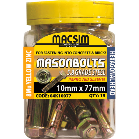 Macsim 10 x 77mm Yellow Zinc Plated Masonry Sleeve Anchor, Hex Nut - 15 Pack