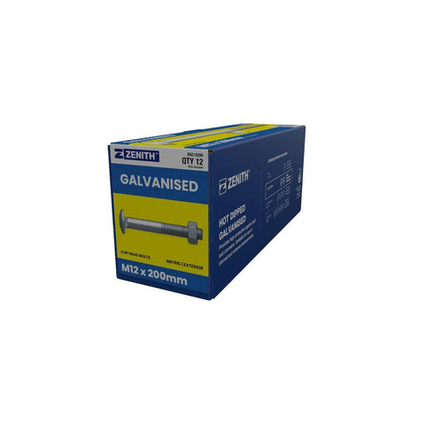 Zenith Hot Dip Galvanised Cup Head Bolts Nuts M12 x 200mm 12 Pack - SuperSaverAU - view 1