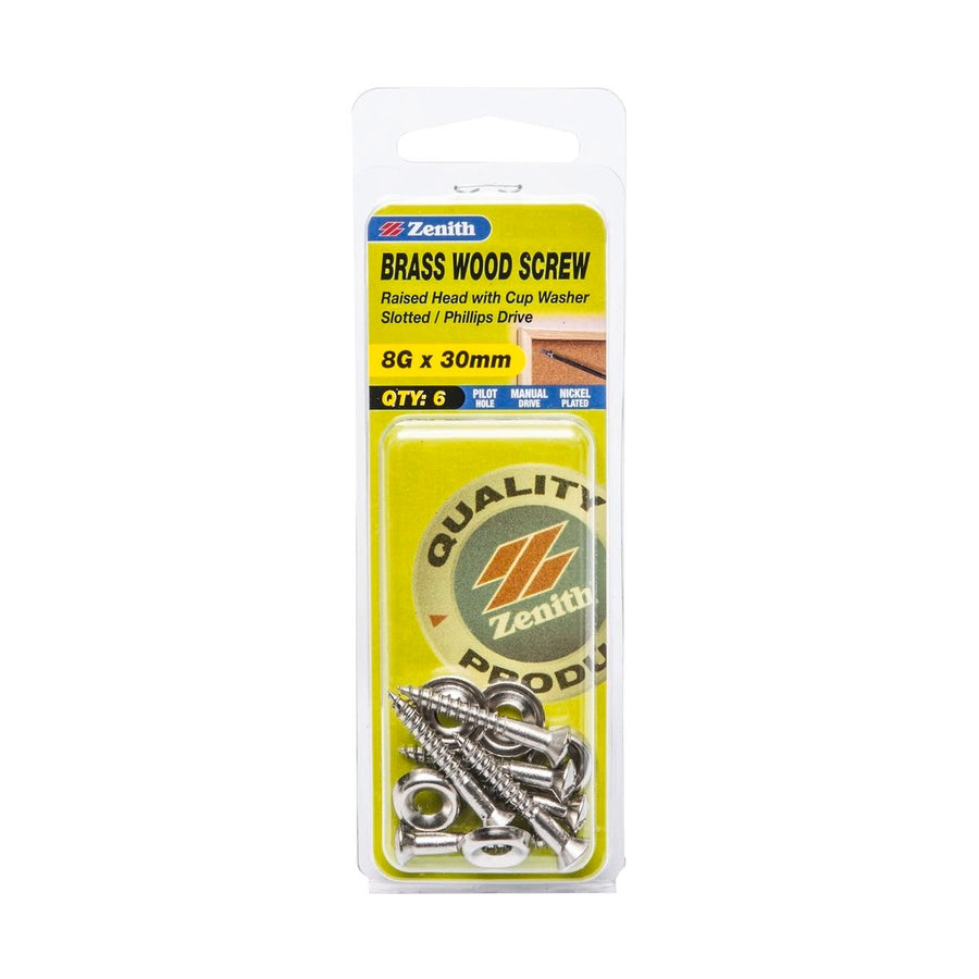 Zenith Wood Screws 8g x 30mm Nickel Plated Round Head with Cup Washer - 6 Pack - SuperSaverAU - view 1