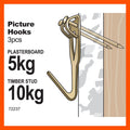 Everhang 10kg Brass Plated Steel Picture Hanging Angle Drive Hook - 3 Pack
