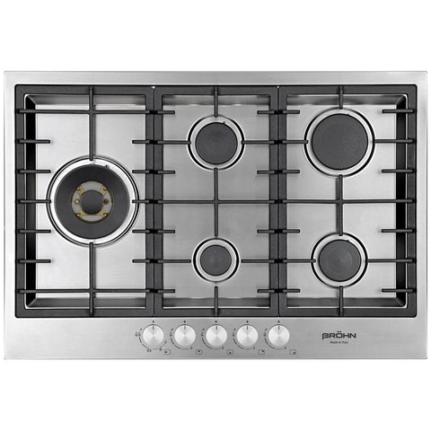 Brohn 75cm Stainless Steel Gas Cooktop - Five Burners, Italian Made, Flat Stainless Edge - BRGC756SSF