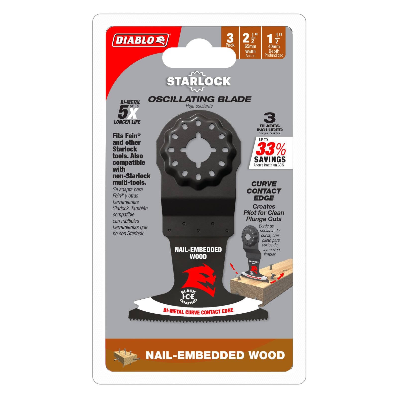 Diablo 2-1/2" Starlock Demo Demon Bi-Metal Oscillating Blade Nail-Embedded Wood 3 Pack