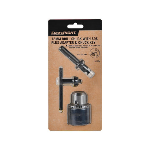 Craftright 13mm Drill Chuck with SDS Plus Adapter and Chuck Key - Silver - SuperSaverAU - view 1