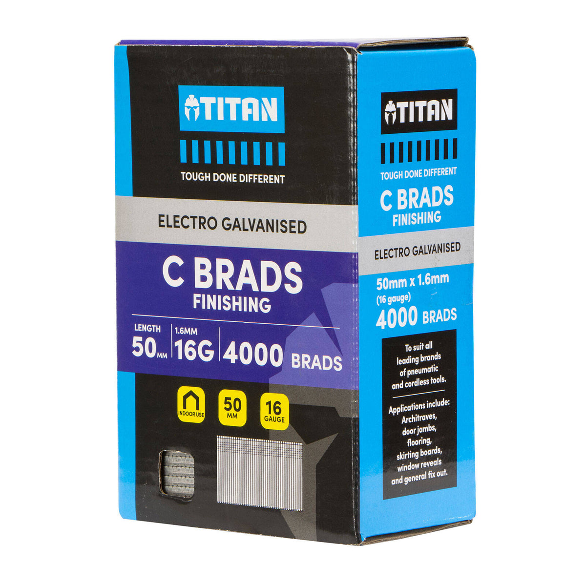 Titan 50 x 1.6mm 16 Gauge Electro Galvanised Straight Collated C Brads - 4000 Pack