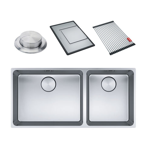 Franke Double Bowl Sink with Accessories - Right-Hand Layout, Rollamat, Remote Waste - MYX220-5034FPCSBR