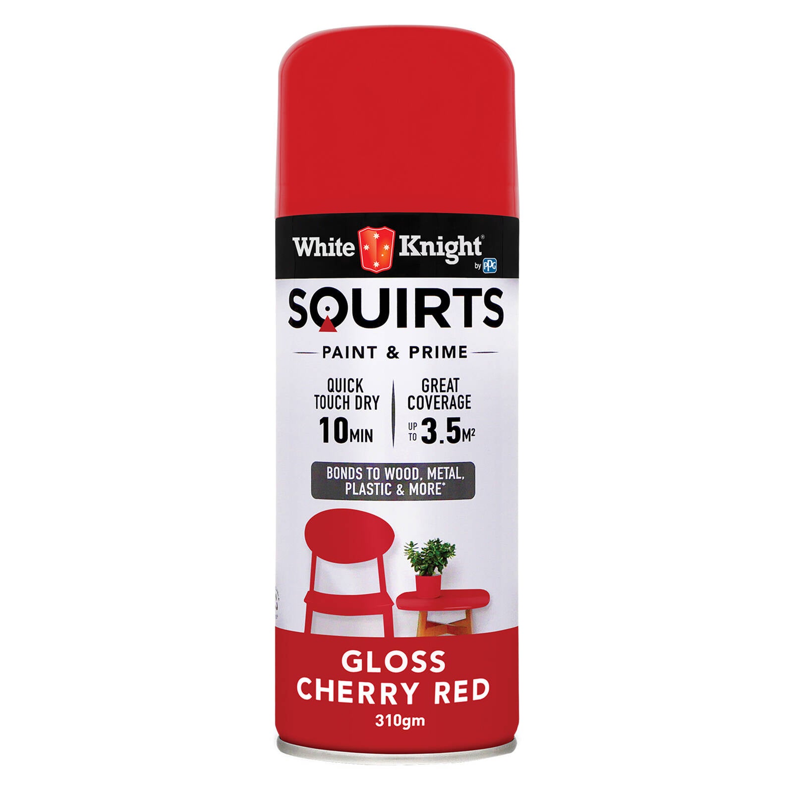 White Knight Squirts Cherry Red Gloss Spray Paint 310g - Solvent-Based, UV Resistant