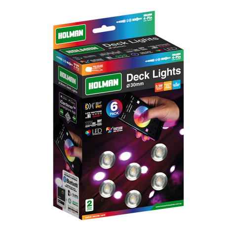 Holman 30mm RGB Colour Deck Light 6 Pack 12V 1.8W Waterproof DLRGB3003