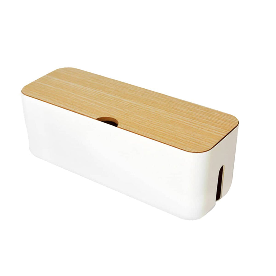 Cable Organiser Box for Power Strips and Sockets, Wood Look Lid - White